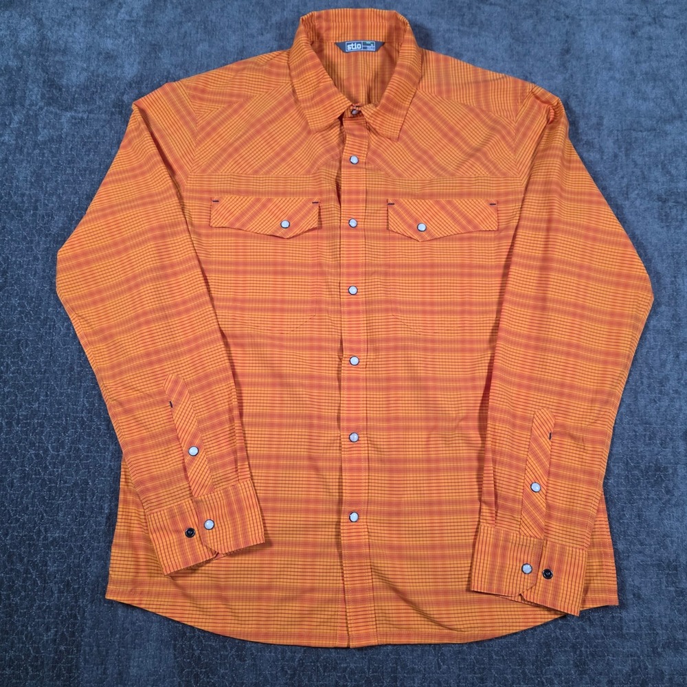 Stio Mens Orange Plaid Long Sleeve Western Snap Front Hiking Shirt Medium